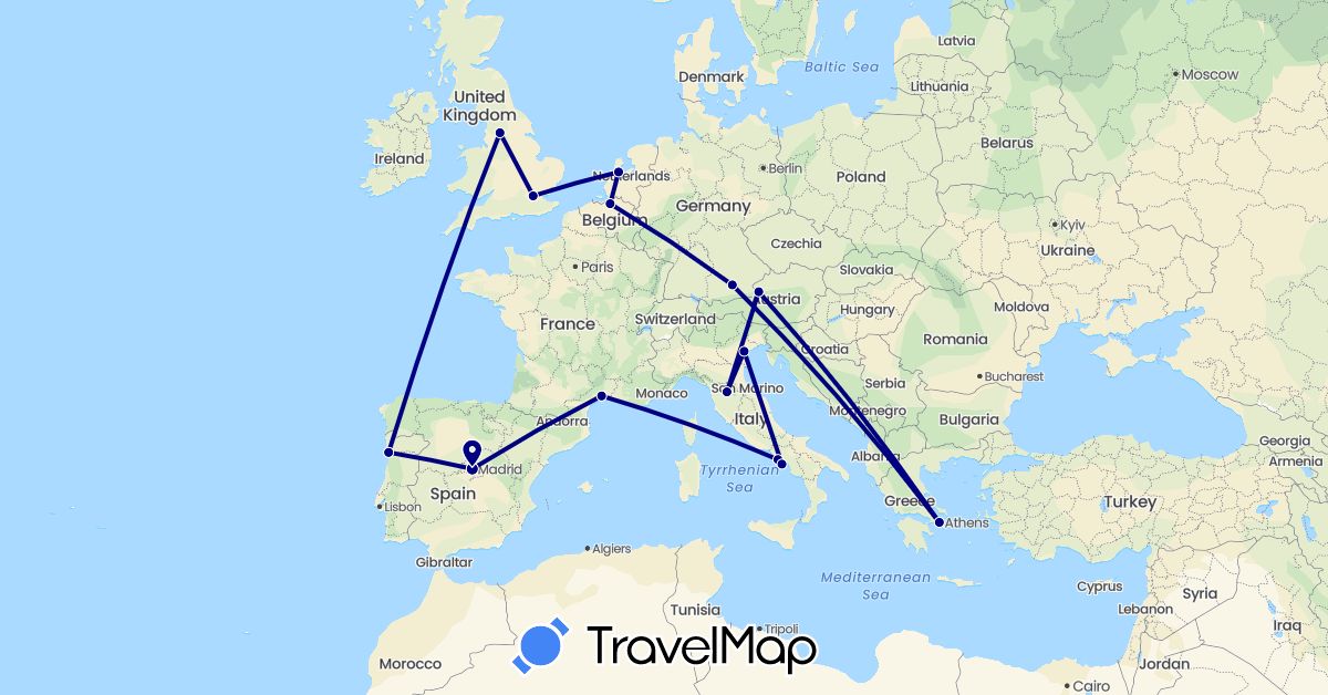 TravelMap itinerary: driving in Austria, Belgium, Germany, Spain, France, United Kingdom, Greece, Italy, Netherlands, Portugal (Europe)